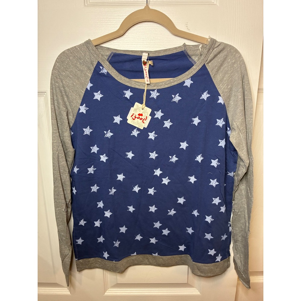 Poof Womens Star Print Raglan Long Sleeve‎ Shirt Blue Grey Small NWT